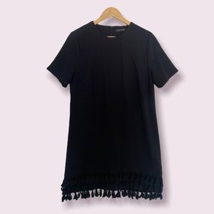 Zara Dress Large Black Short Sleeve Fringe Hem Shift Mini Dress
